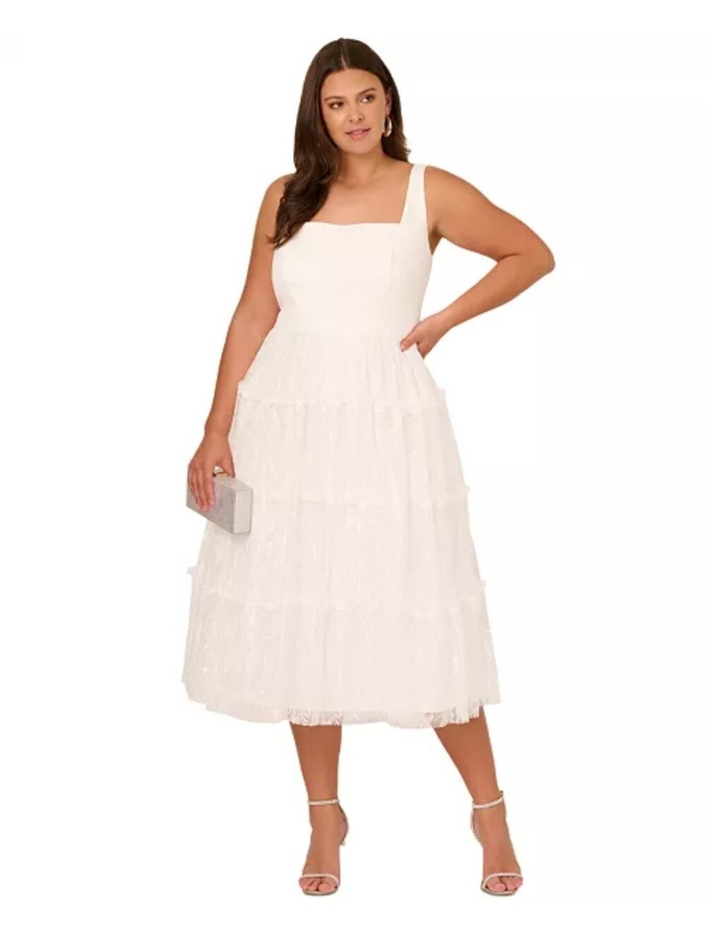 Adrianna Papell 22W Ivory Crepe Lace Midi Dress Tiered Plus Size NWT $295 Bridal